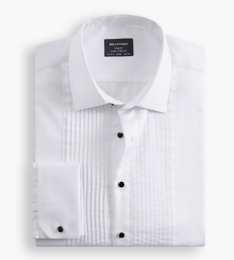 Slim Fit Non-Iron Pleated Tuxedo Sateen Dress Shirt Bellissimo