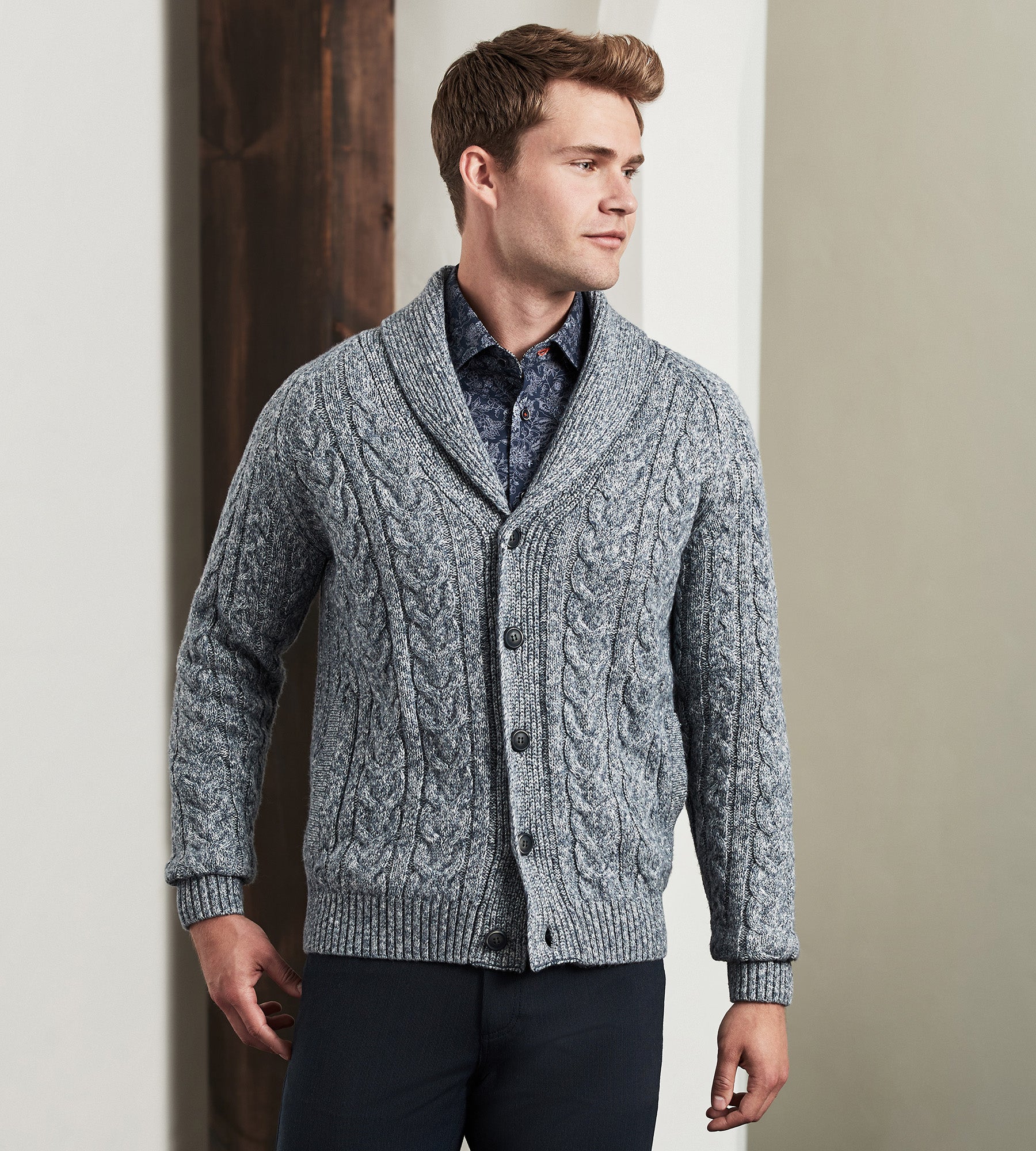 Modern Fit Shawl Collar Cable Knit Cardigan Sweater