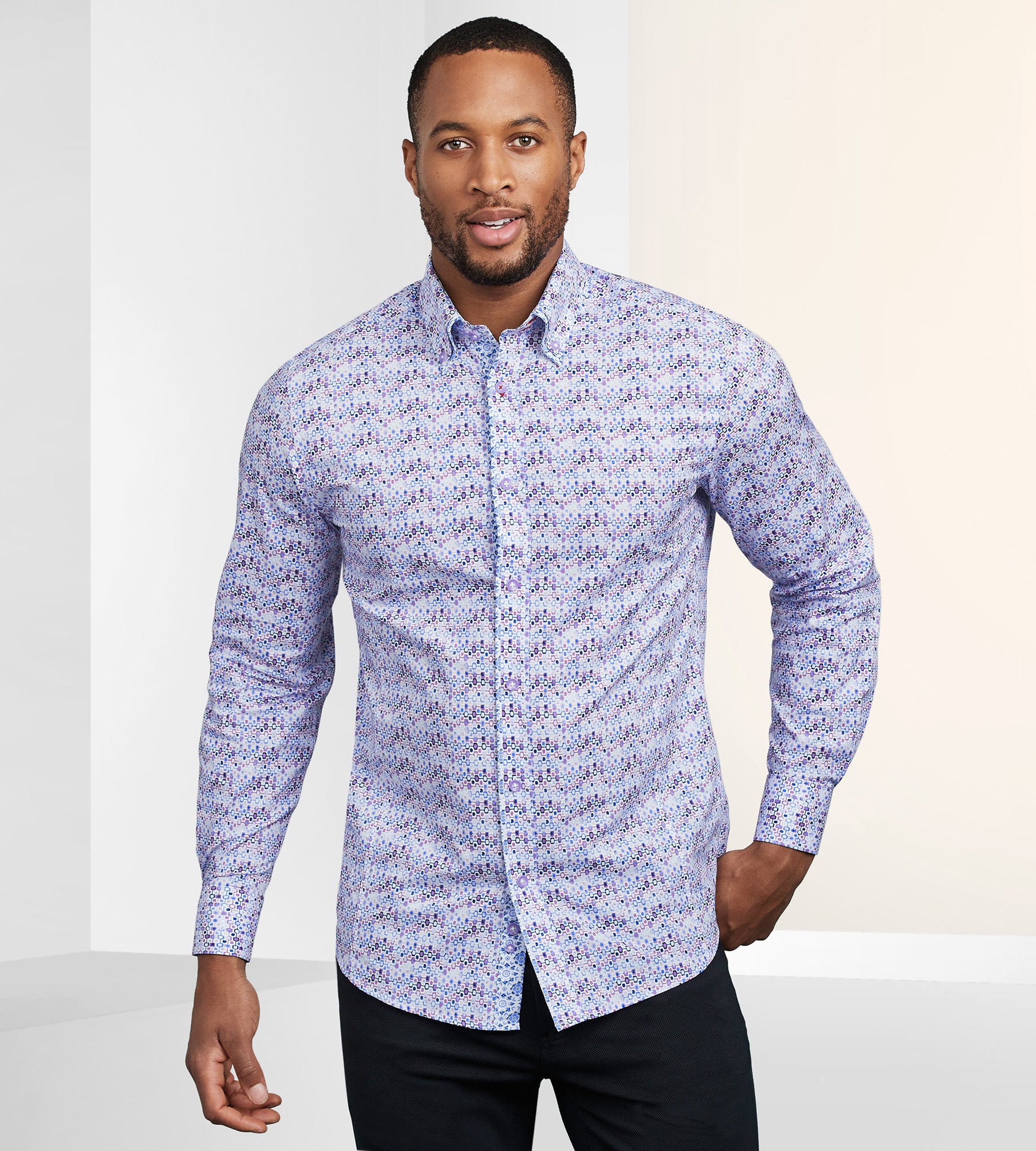 Modern Fit Long Sleeve Double Collar Water Colour Print Sport Shirt