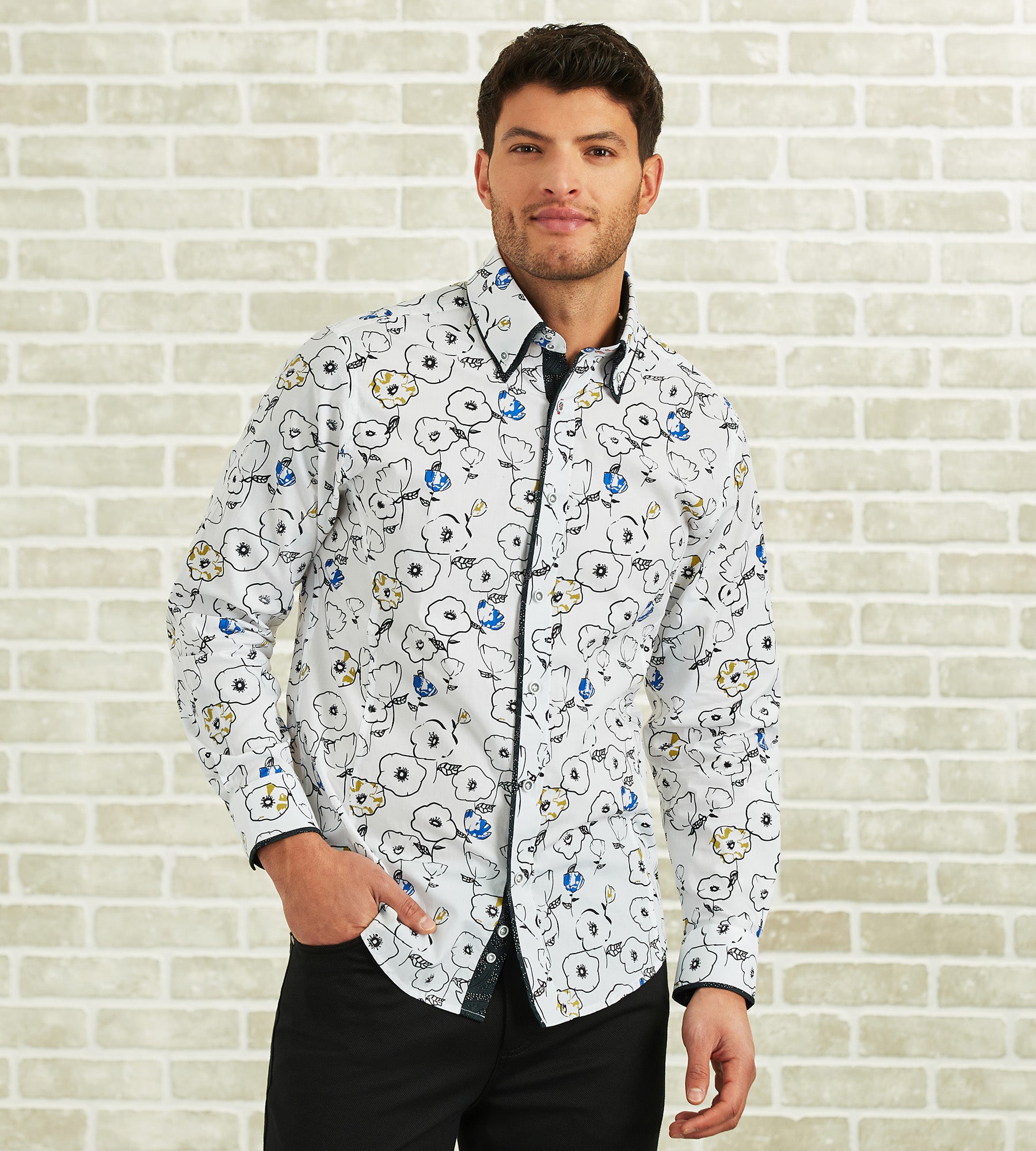 Modern Fit Long-Sleeve Double-Collar Floral Print Sport Shirt
