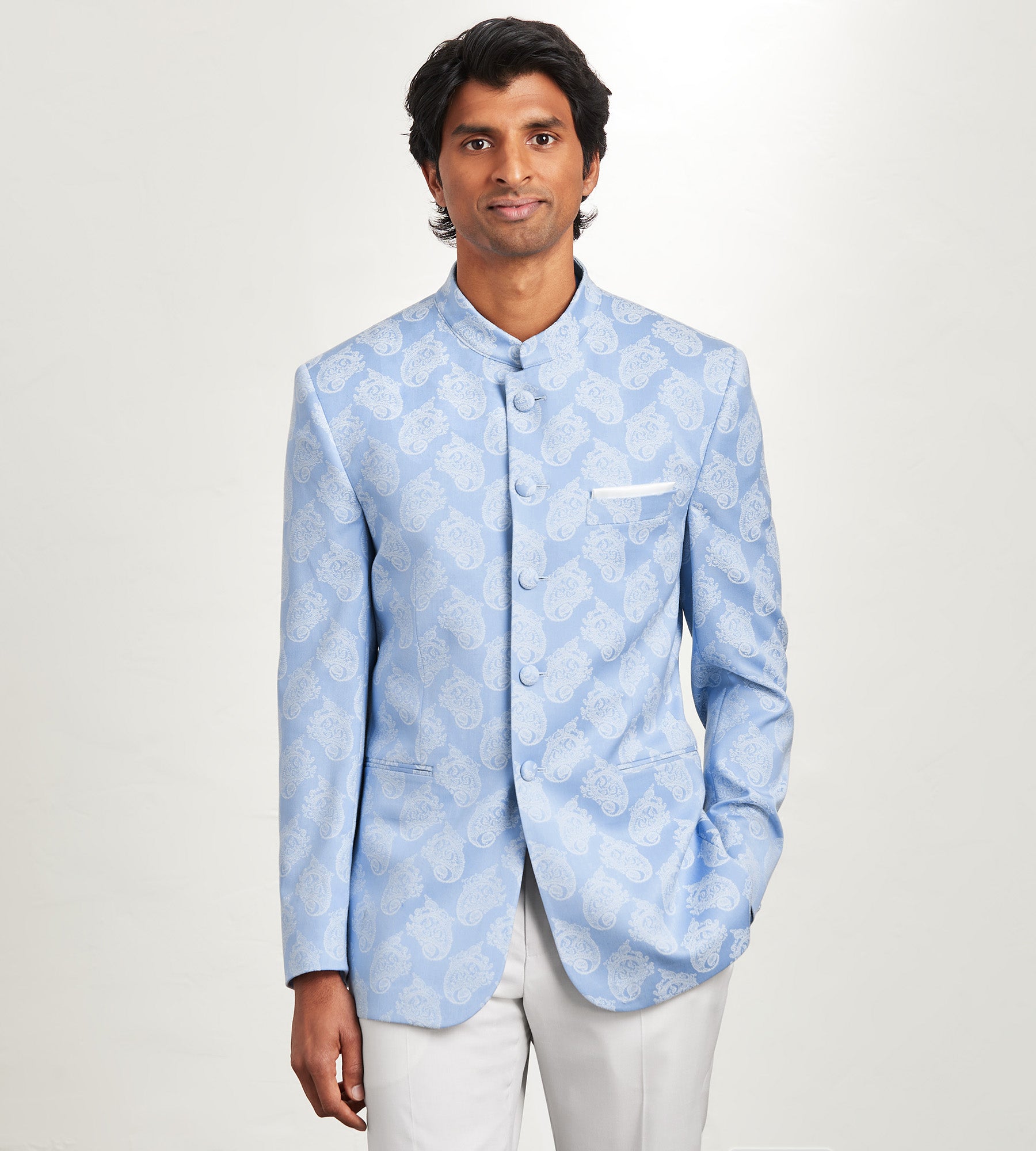 Modern Fit Blue Jacquard Nehru Suit Jacket