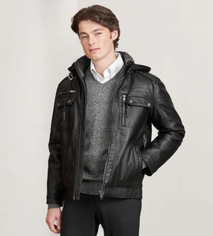 Projek Raw Modern Fit Vegan Leather Jacket With Hood in Brown Size Medium 100 Polyester Tip Top