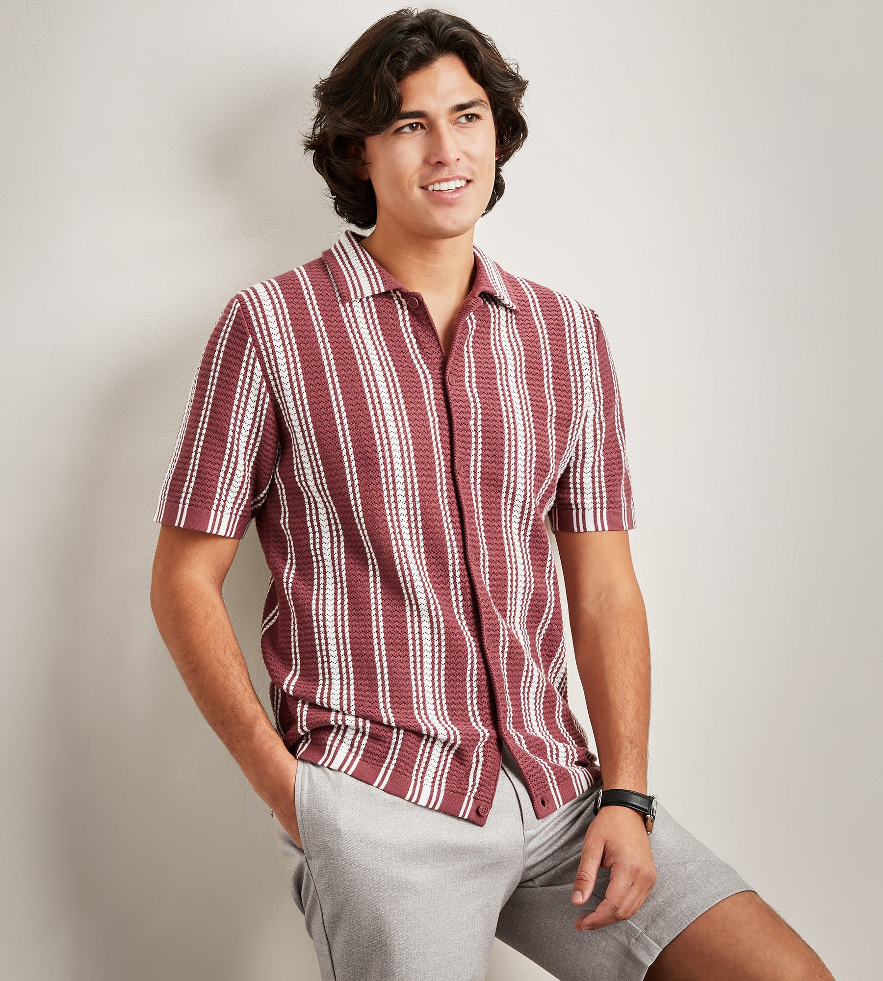 Short Sleeve Modern Fit Sweater Knit Striped Pattern Casual Shirt