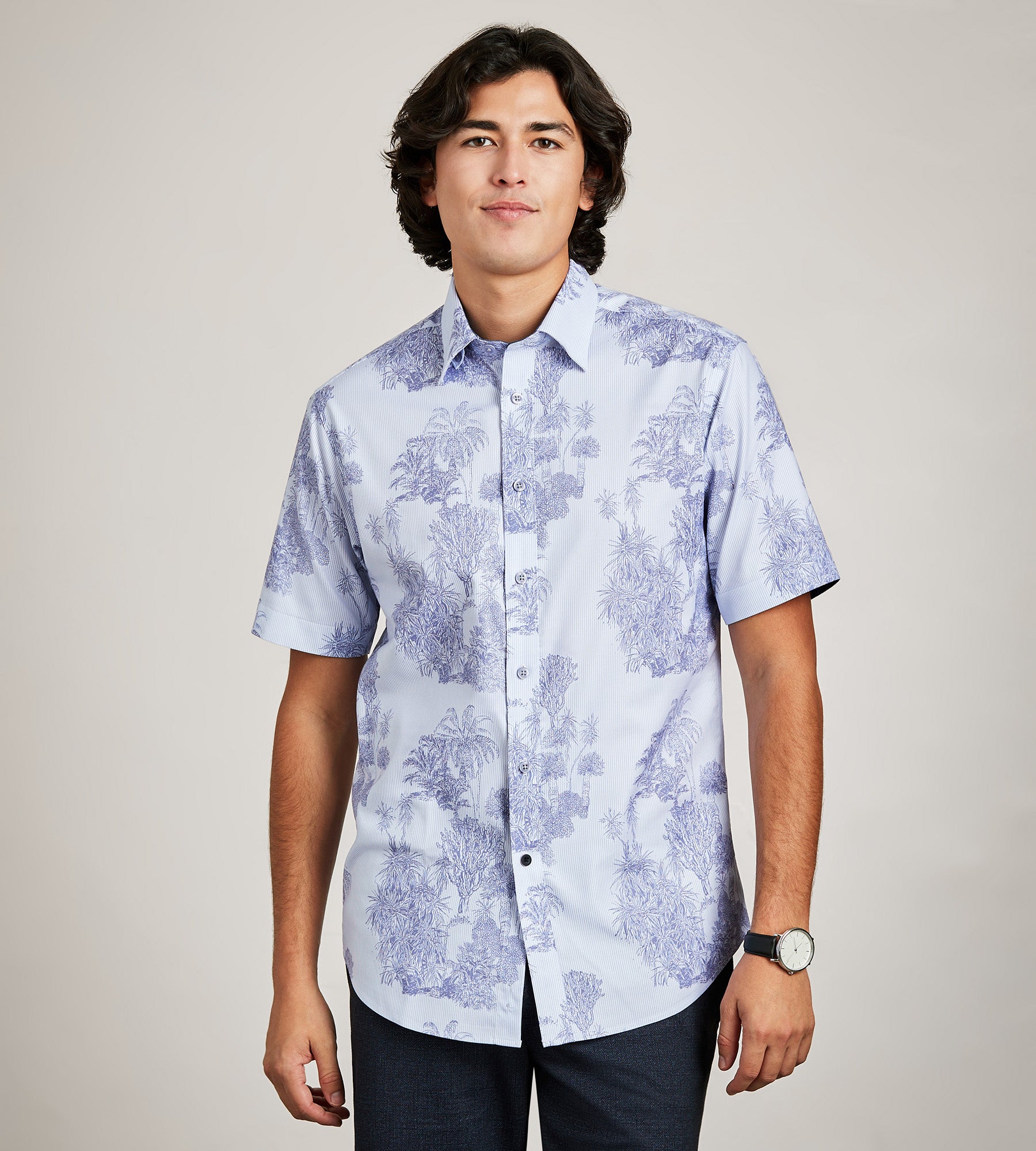Modern Fit Short Sleeve Soft Touch Stretch Palm Tree Print Casual Shirt