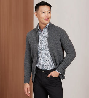 Jermyn Bond Modern Fit Long Sleeve Full Zip Textured Donegal Sweater in Navy Size Medium Cotton Nylon Tip Top