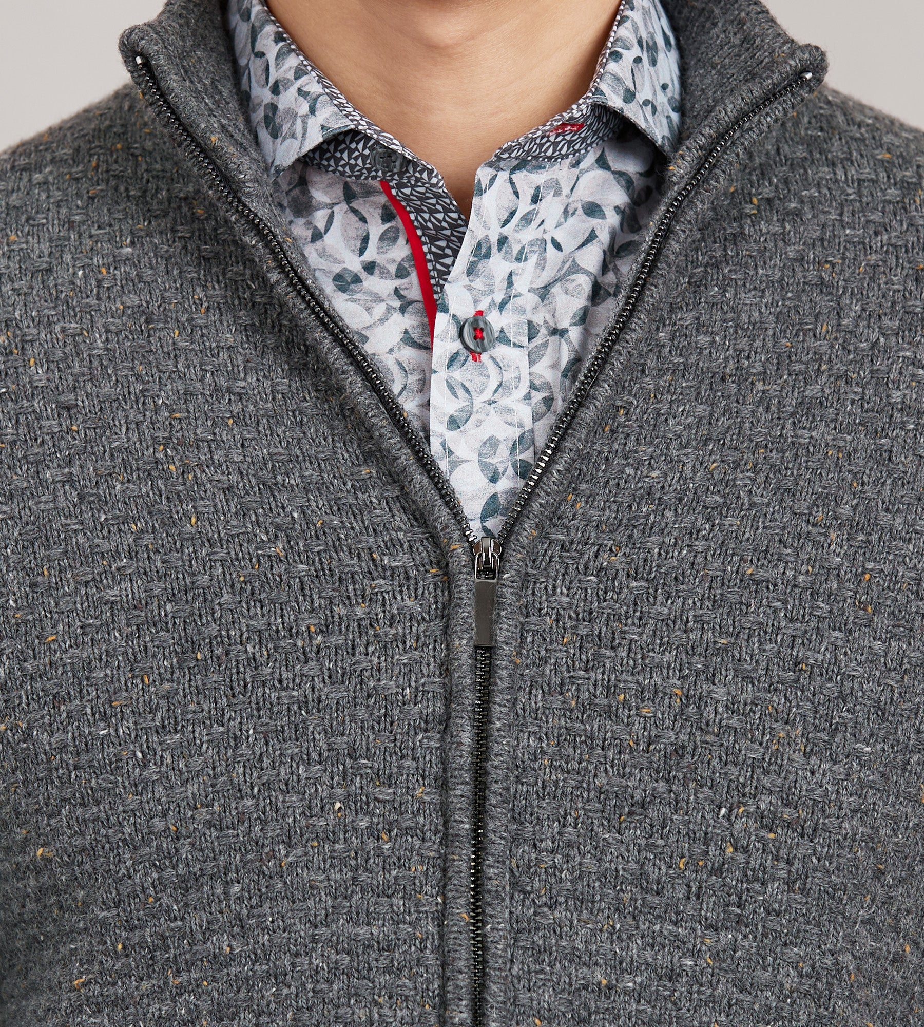 Modern Fit Long Sleeve Full Zip Textured Donegal Sweater