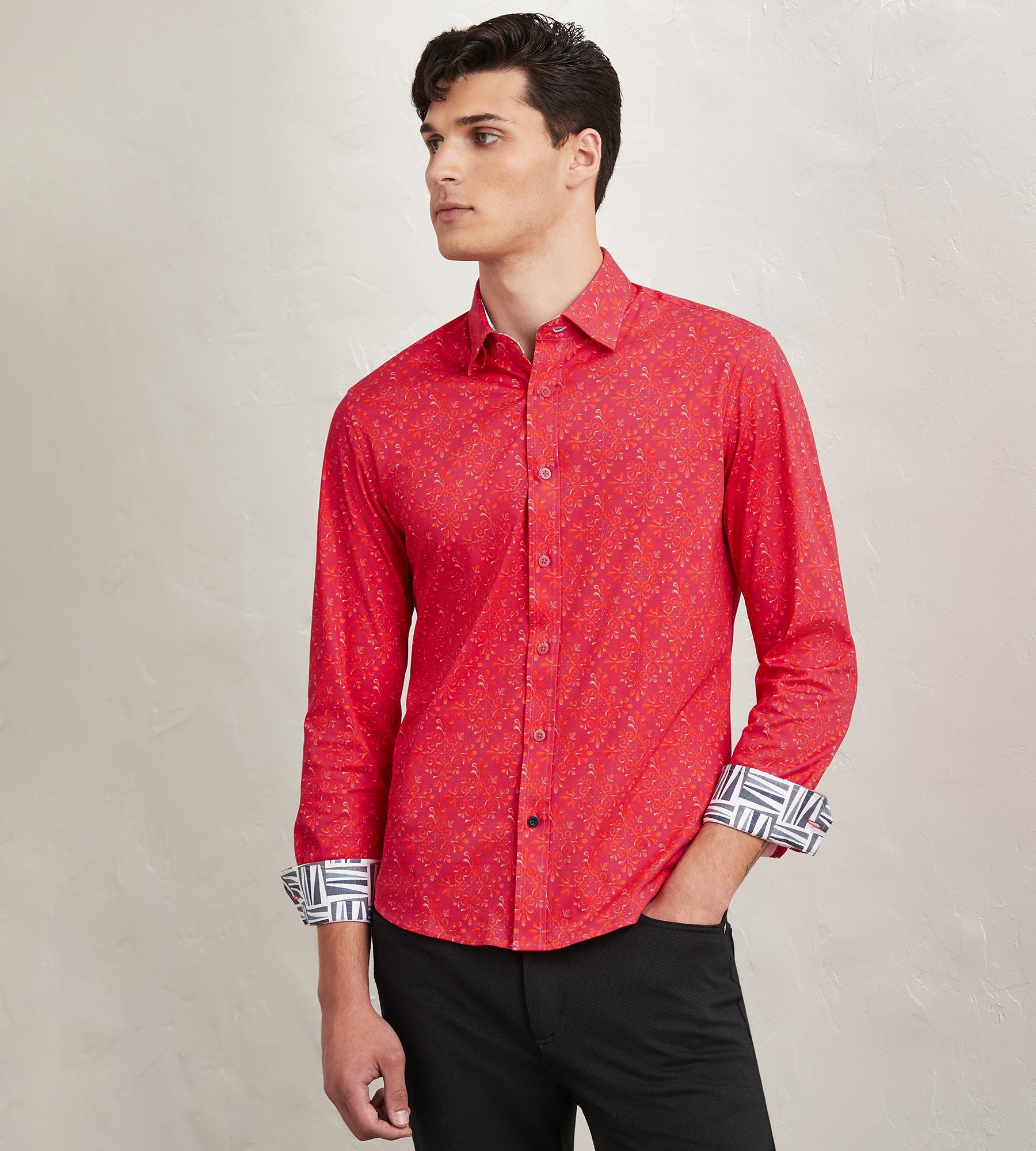 Modern Fit Long Sleeve Floral Pattern 360 Stretch Sport Shirts