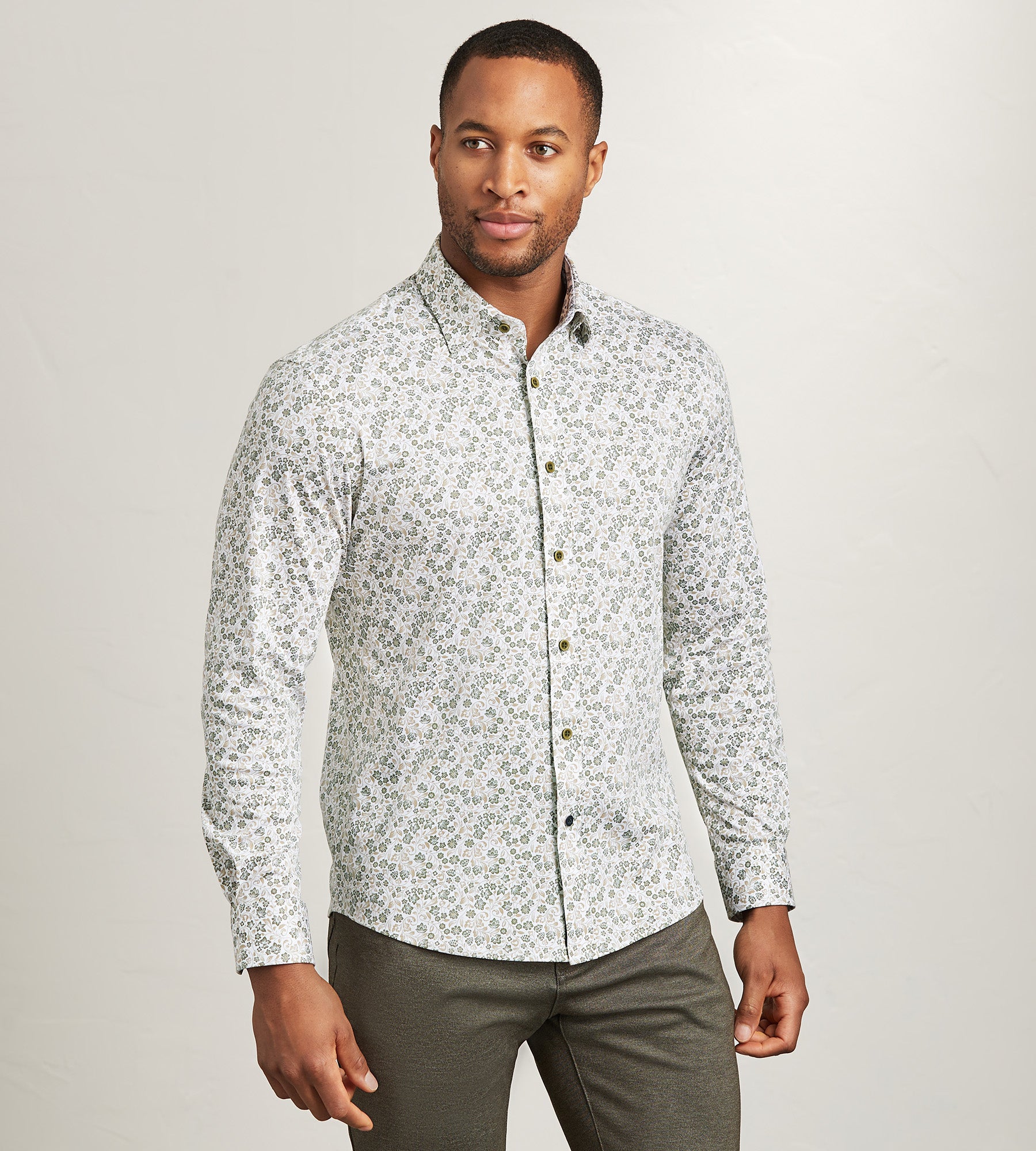 Modern Fit Long Sleeve Botanical Pattern 360 Stretch Casual Shirt